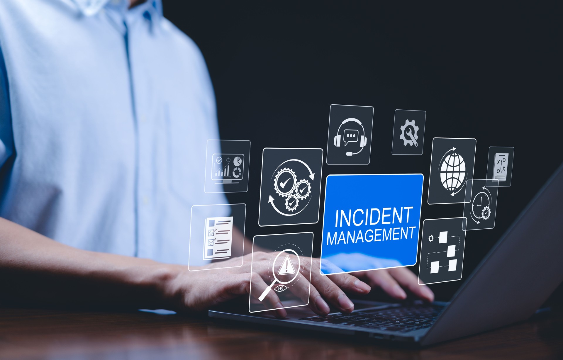 Incident Management and Business Process Technology Concept. virtual incident management icons, diagnosing and resolving unexpected problems that arise. process automation, problem resolution, risk,
