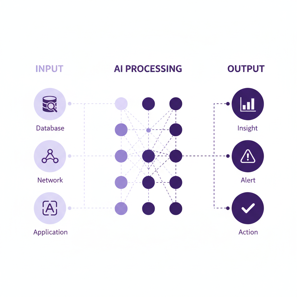 AI Solutions - Input data through AI Processing neural network to Insight, Alert, and Action outputs
